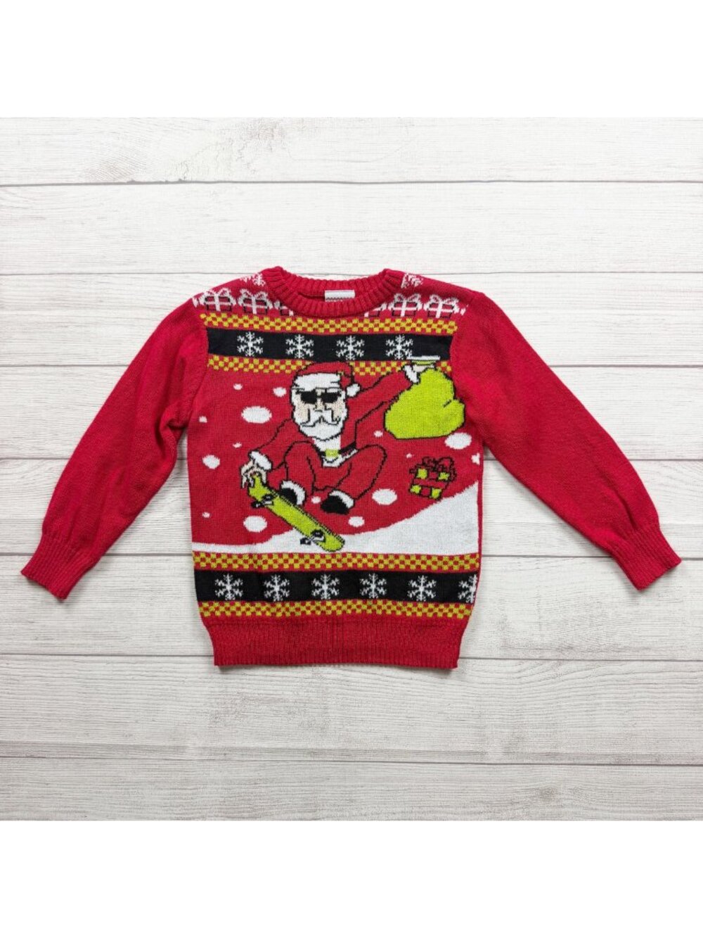 Well Worn Holiday Sweater Red Santa Skateboard Christmas Sweater XS